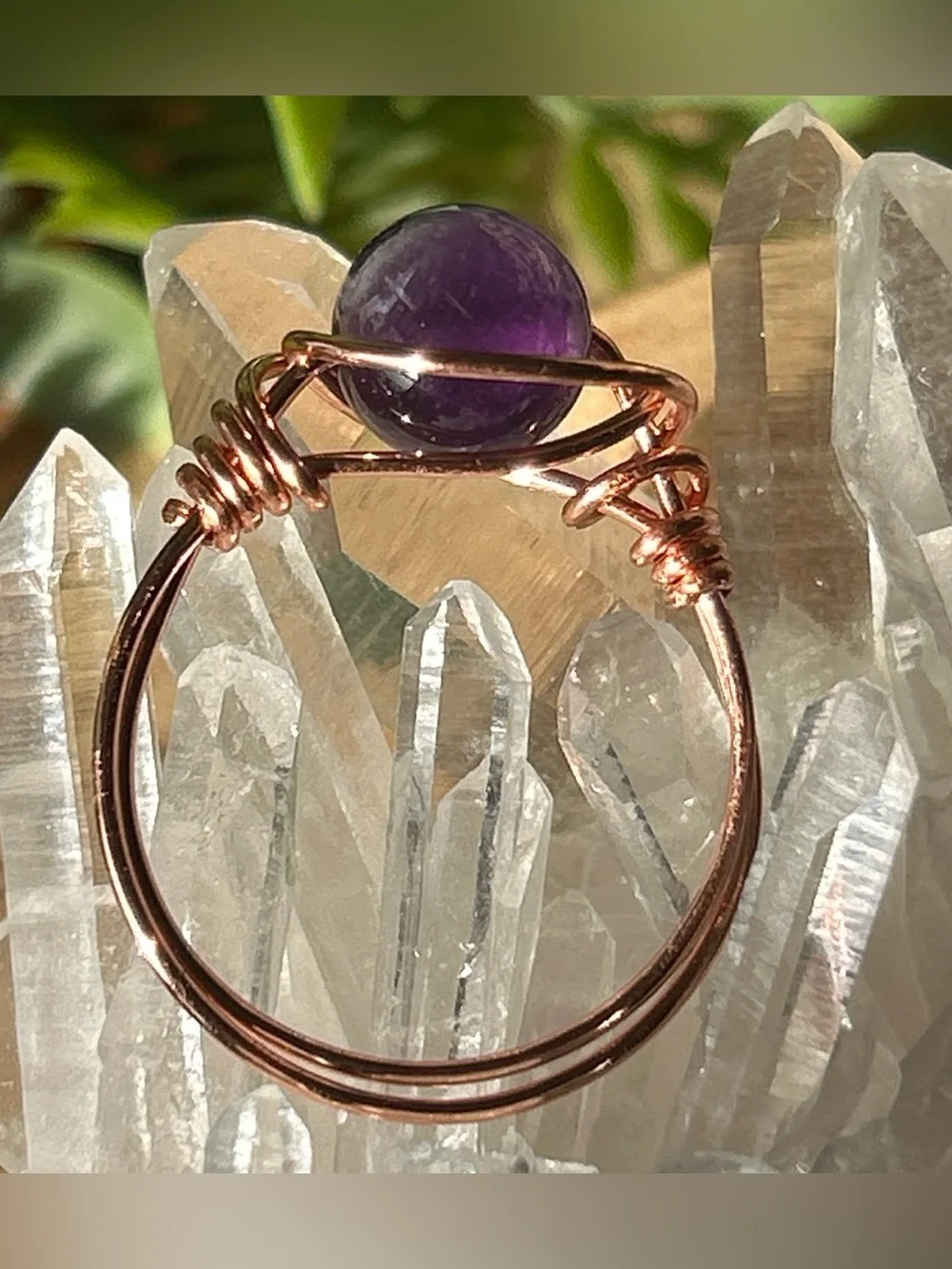 Handmade chevron amethyst wire wrapped crystal ring size 8